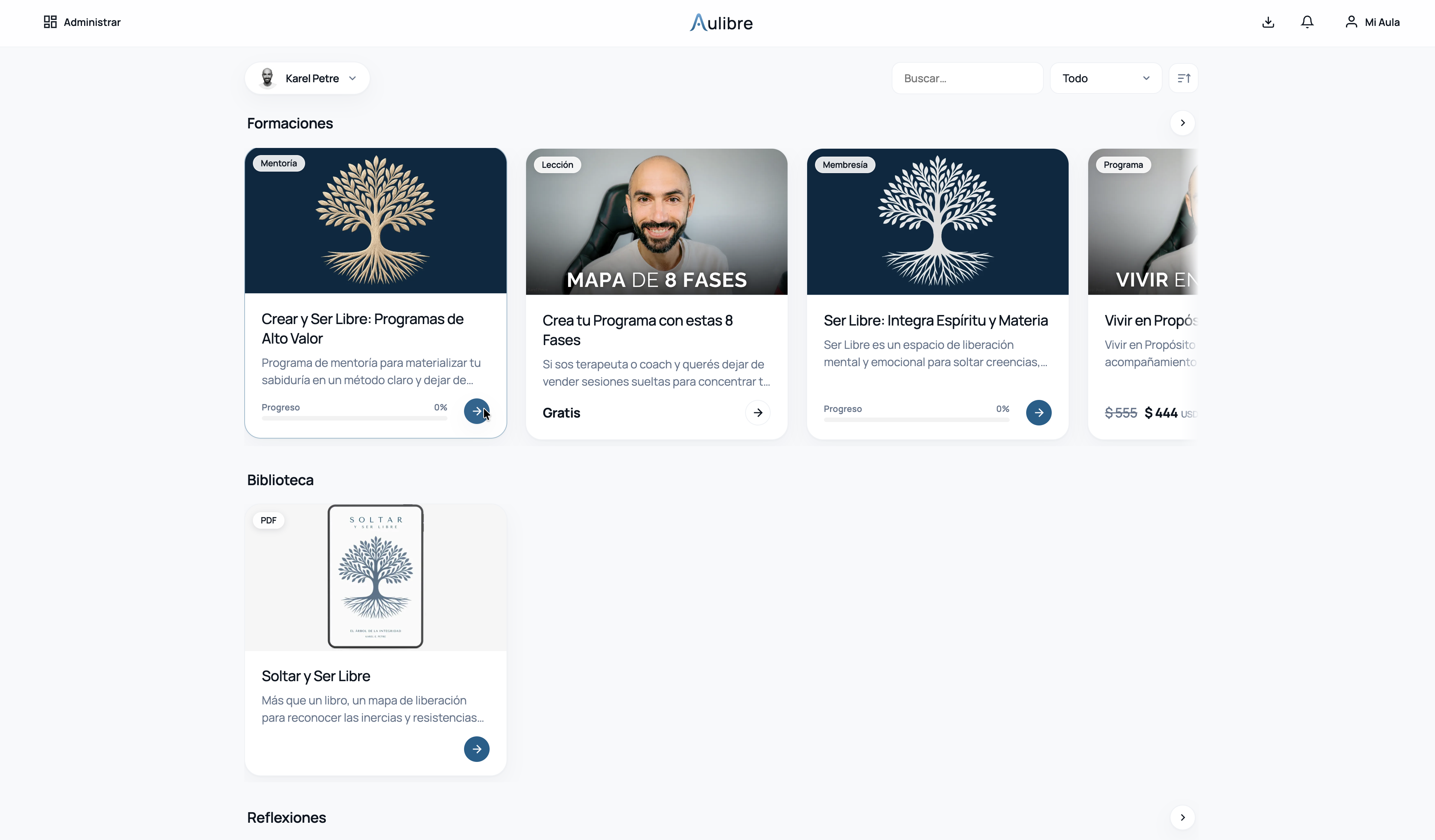 Hub de academia en Aulibre con formaciones, biblioteca y reflexiones